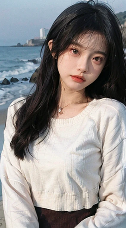 Best quality, Ultra-high resolution, (Realistically:1.4),Cute hairpin,1 Girl,Red long hair,Quartered sweater ,Beautiful slim woman:1.4, Visible abdominal muscles,on the beach,Ultra-thin face,Exquisite eyes,Double eyelids,Necklace