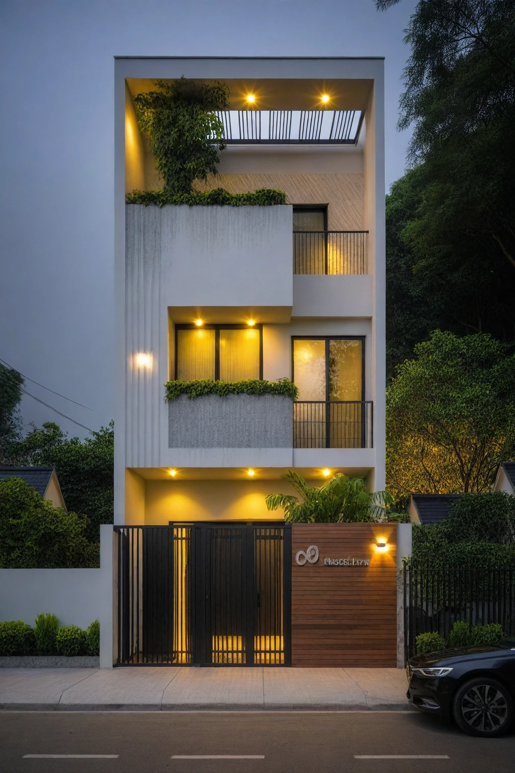 RAW photo, a photo of a modern house, (curvilinear chrchitecture:1.4), Wabisabi style rounded wall, white wall, steel dark gate, sidewalk, sidewalk trees, ((grey gate:1.2)), road, viet nam modern residence, ((architectural shot)), rough white wall, new residential area, wide angle exterior 2022, contemporary house, exterior photography, masterpiece, contemporary architecture, overcast, indirect lighting