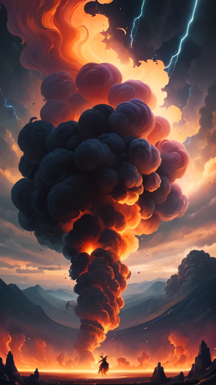 ((best quality)), ((masterpiece)), (detailed), A digital illustration of a furious woman in a peach color princess dress with long black hair flying in the air surrounded by monsters, with a tornado and lava in the background