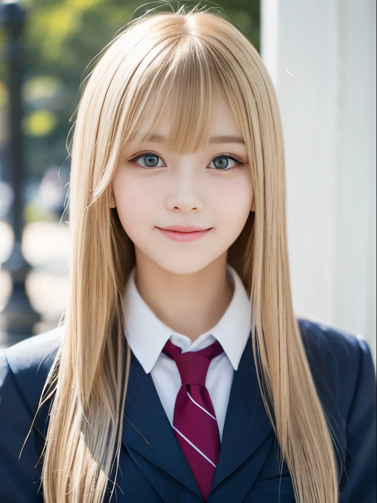 Portrait、School uniforms、Bright expression、Younger, brighter, whiter skin、Best Looks、Blonde reflection、Platinum blonde hair with dazzling highlights、Shiny bright hair,、Super long, silky straight hair、Shiny beautiful bangs、Sparkling, clear, attractive big blue eyes、A very beautiful, lovely and cute 16 year old girl、Ample breasts、