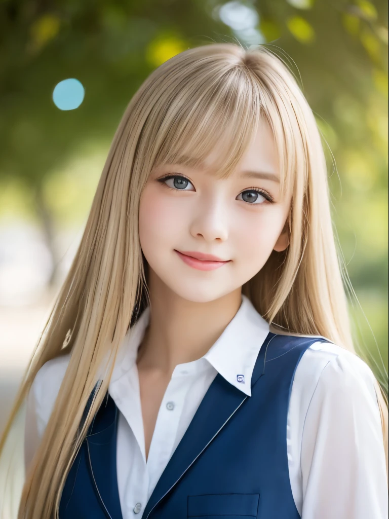 Portrait、School uniforms、Bright expression、Younger, brighter, whiter skin、Best Looks、Blonde reflection、Platinum blonde hair with dazzling highlights、Shiny bright hair,、Super long, silky straight hair、Shiny beautiful bangs、Sparkling, clear, attractive big blue eyes、A very beautiful, lovely and cute 16 year old girl、Ample breasts、