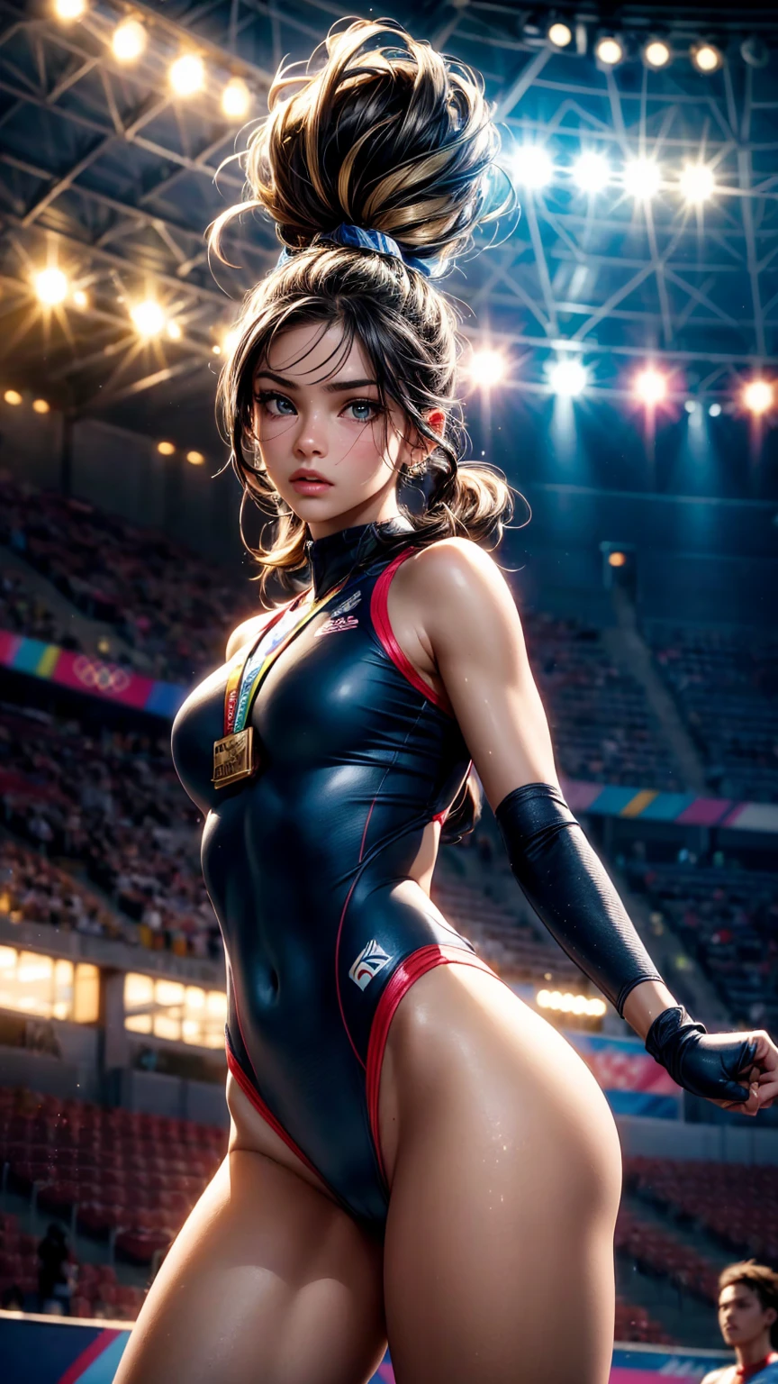 a young female olympic gold medalist, beautiful detailed eyes, beautiful detailed lips, extremely detailed eyes and face, long eyelashes, winning pose, gold medal, podium, athletic wear, dynamic action, stadium crowd, dramatic lighting, vibrant colors, cinematic composition, photorealistic, 8k, (best quality, 4k, 8k, highres, masterpiece:1.2), ultra-detailed, (realistic, photorealistic, photo-realistic:1.37), vivid colors, studio lighting