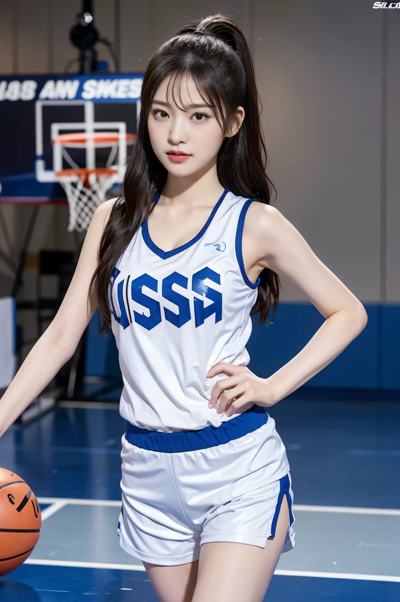 8K), (highest quality: 1.2), (Realistic), (Realistic: 1.37), Ultra-high resolution, smile,(2 girls),(straight silky black hair), (White very small hot pants:1.4), whole body,Long legs,(Beautiful shiny legs:1.2),(Super small ass),ponytail,(oversized basketball USA team uniforms:1.5),(whole bodyが汗で濡れて:1.2),Cute like a super idol,Close up on face,A little cleavage,(照れて顔が赤い:1.2)
