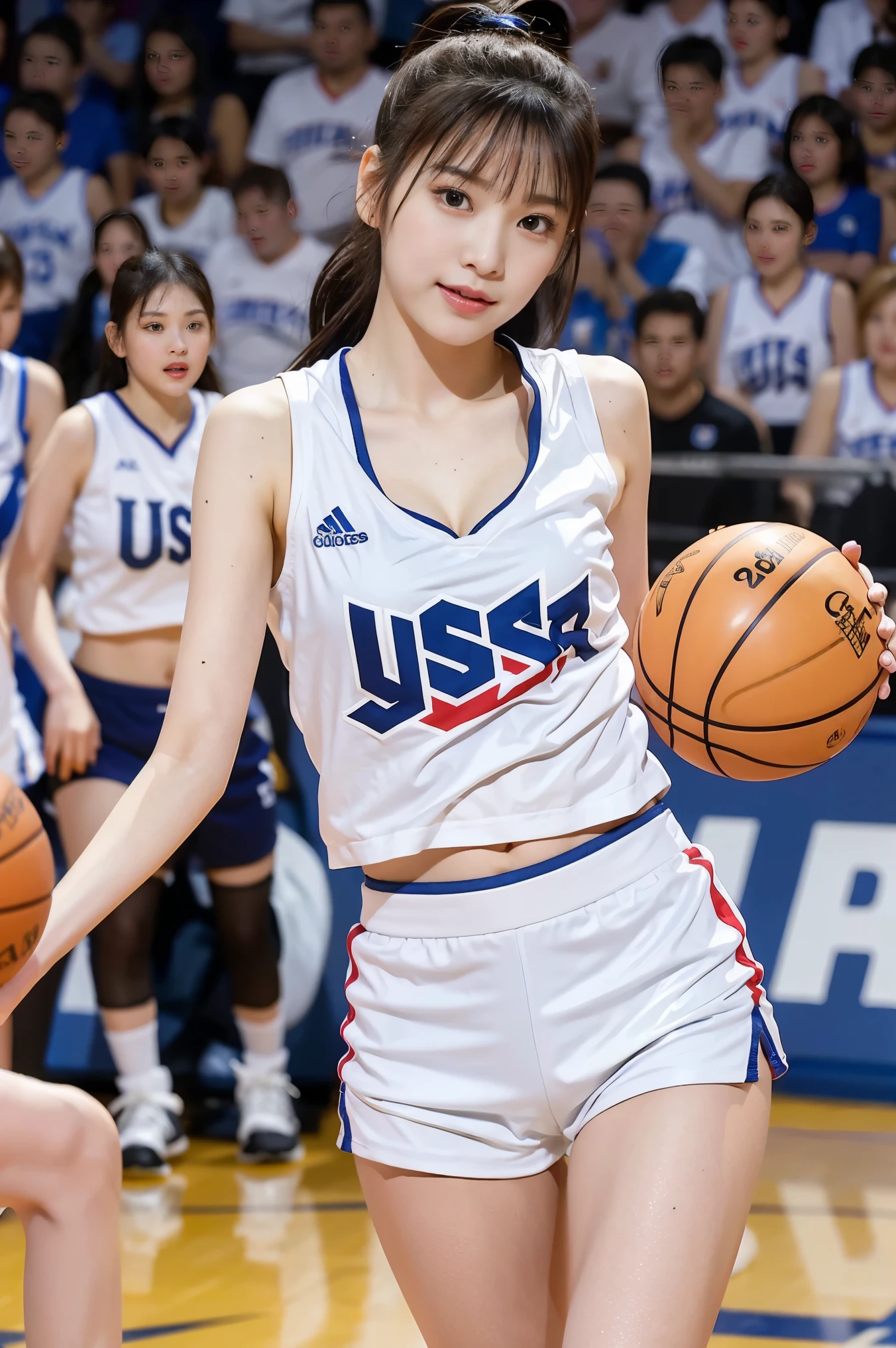 8K), (highest quality: 1.2), (Realistic), (Realistic: 1.37), Ultra-high resolution, smile,(2 girls),(straight silky black hair), (White very small hot pants:1.4), whole body,Long legs,(Beautiful shiny legs:1.2),(Super small ass),ponytail,(oversized basketball USA team uniforms:1.5),(whole bodyが汗で濡れて:1.2),Cute like a super idol,Close up on face,A little cleavage,(照れて顔が赤い:1.2)