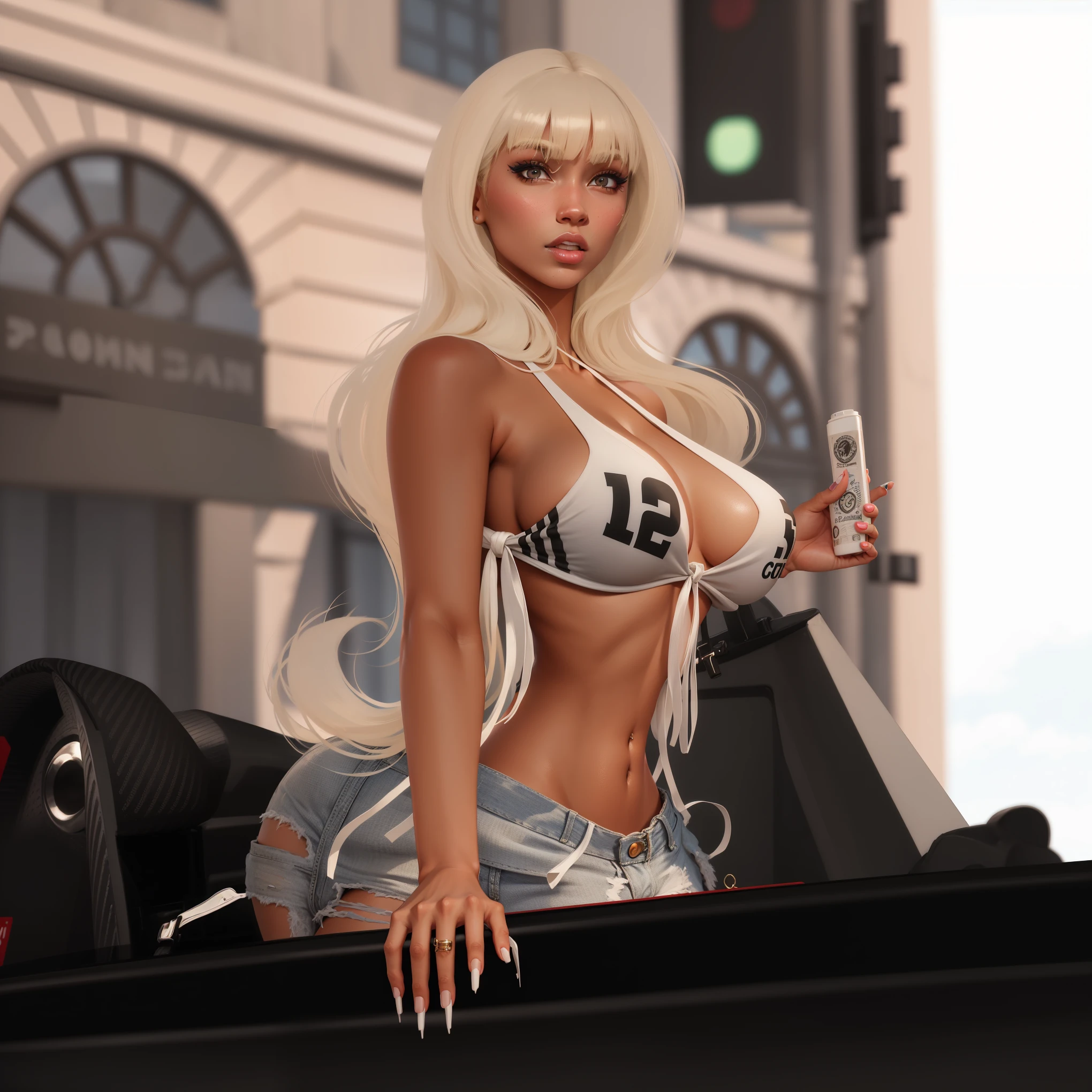 (masterpiece), (best quality), (ultra-detailed), ((masterpiece)) ((best quality)) ((ultra-detailed)) blond woman in a white top and jeans posing on a car, imvu, second life avatar, secondlife, beautiful screenshot, e - girl, inspired by Pia Fries, e-girl, in the city, daz, blonde, fashion gameplay screenshot, in city street, digital screenshot, doja cat, bra and shorts streetwear, lblsck hair, tumblr