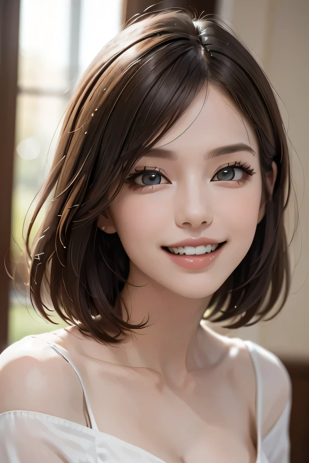 ((Realistic Light, Highest quality, 8k, Tabletop: 1.3)), 1 girl, Slim body beauty: 1.4, Brown Hair, (((Extra Large: 1.3)), Off-the-shoulder cut top: 1.3, Highly detailed face, Beautiful Eyes, double eyelid, My Room, smile, Cleavage, Saggy breasts, (((beauty of Saggy breasts))