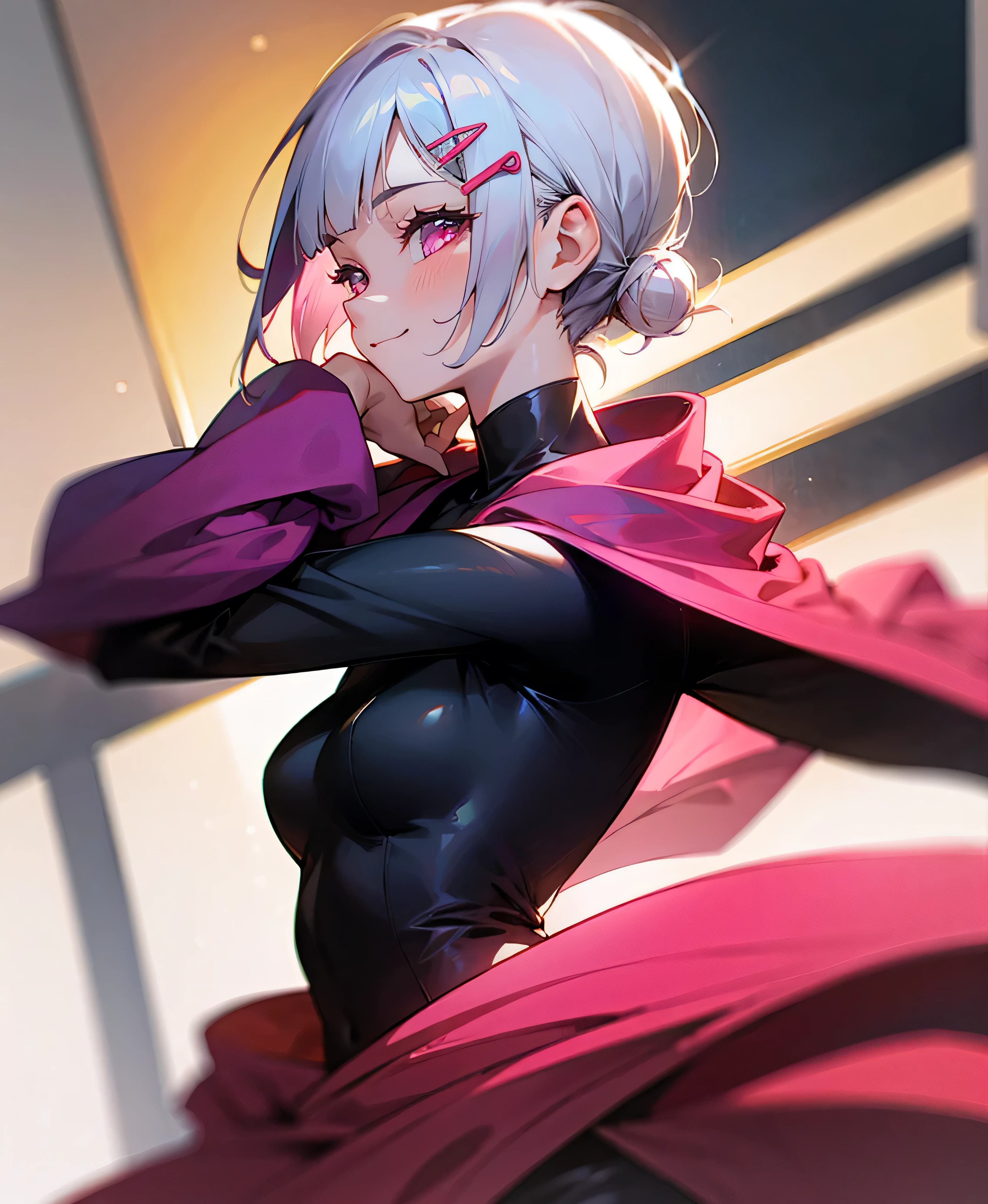 With one girl、Short silver bob hair tied in a bun with a hair clip、Pink Eyes、smile、From the side、wear a rider'Jacket、Colors based on red and green