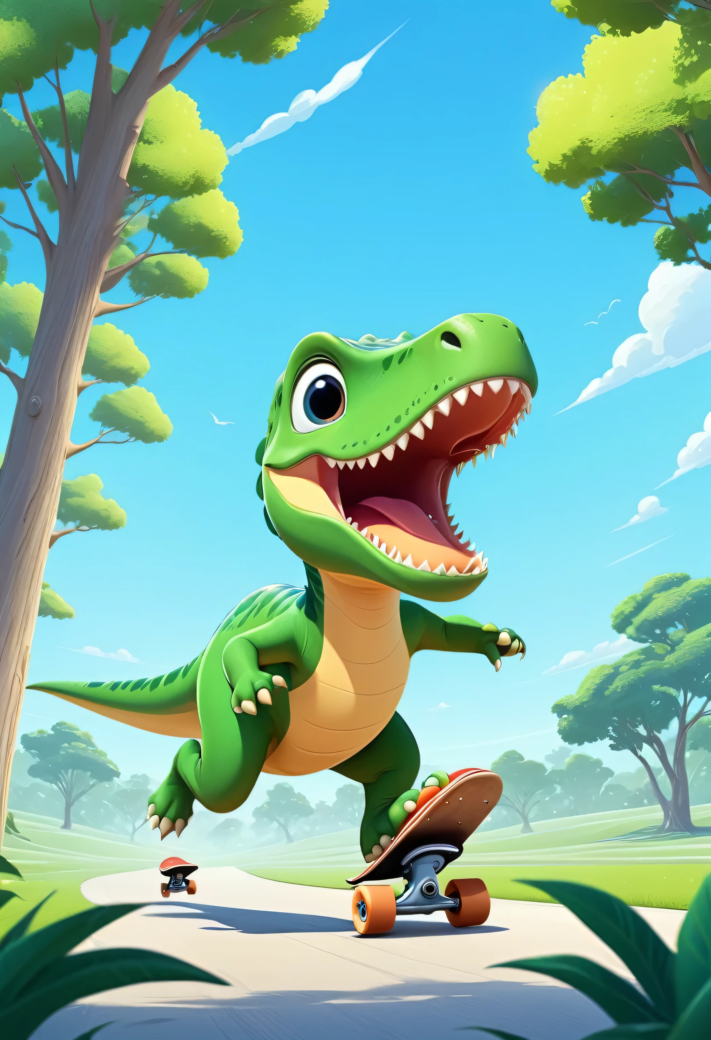 cute dinosaur running skate in the background of a wide field in a tree, uncomplicated images,Simply image,cute, move, action, cartoon, vector illustration, 2d flat, simple, detail, face,
hands, legs, body expert, modern, minimalist, graphic, line art, vector graphics,