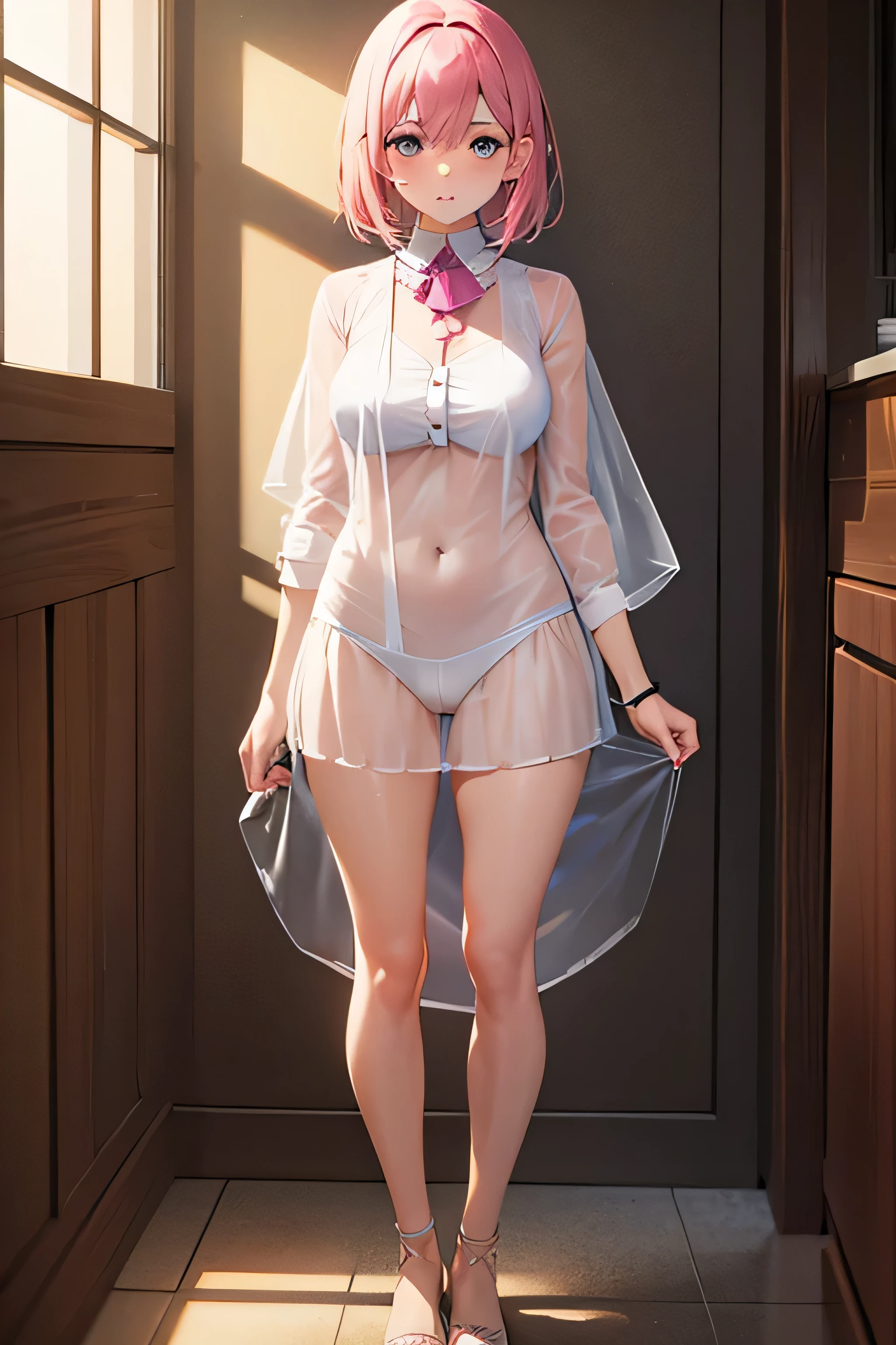 Girl with pink hair, medium breasts, transparent clothes,