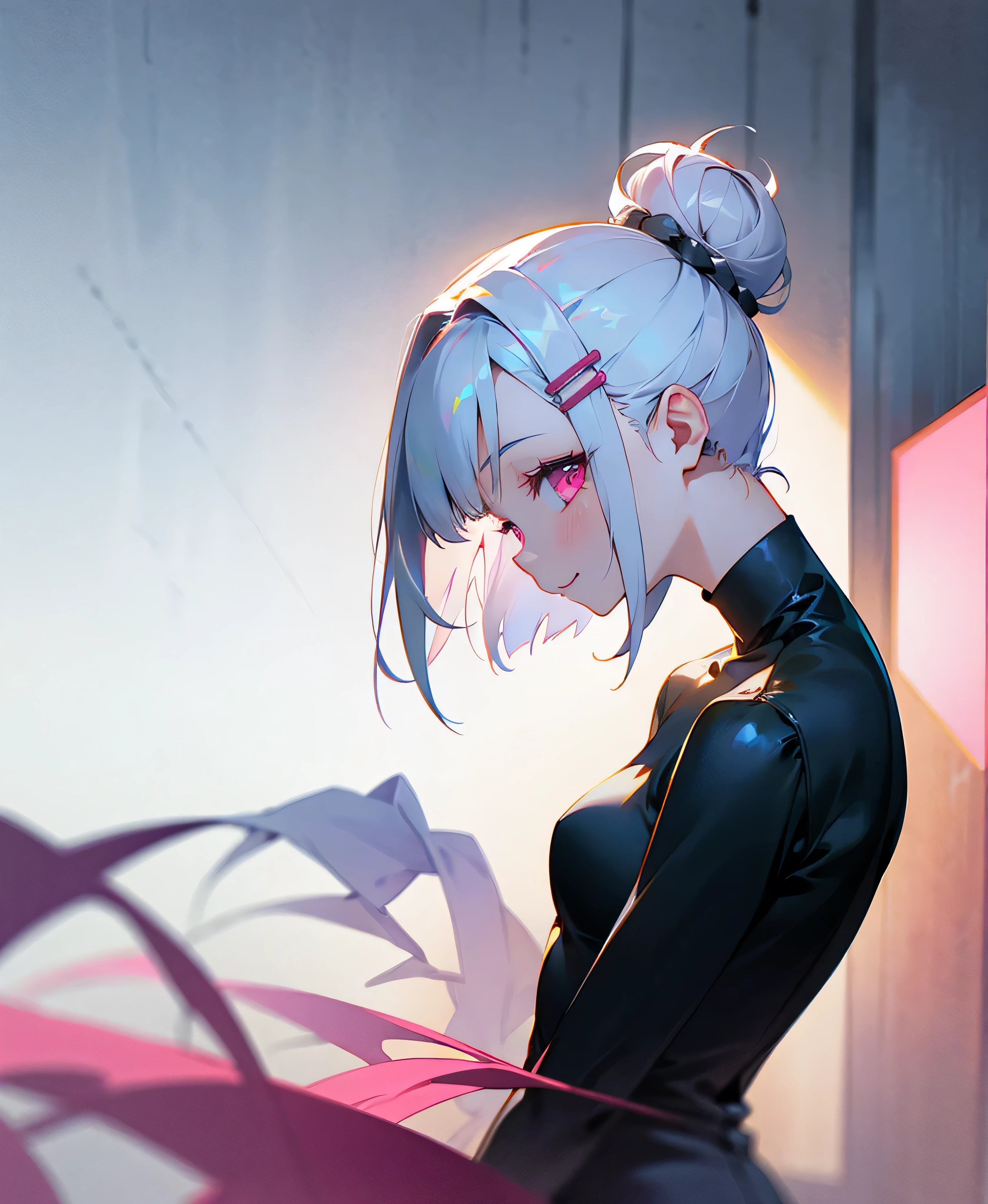 With one girl、Short silver bob hair tied in a bun with a hair clip、Pink Eyes、smile、From the side、wear a rider'Jacket、Colors based on red and green
