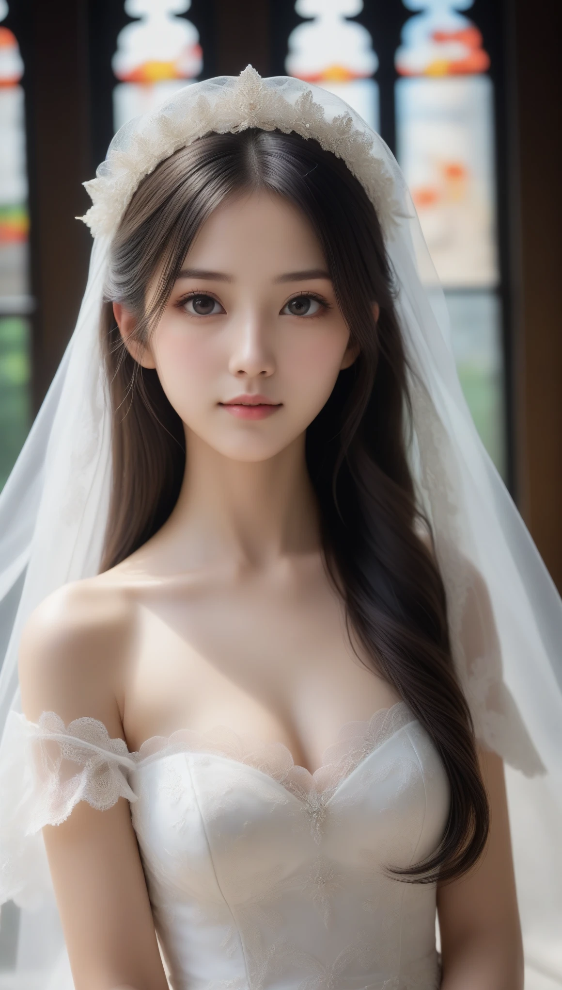 8k, Ultra-high resolution, Highest quality, masterpiece, 三分割法によるphotograph,Surreal, photograph, 1 Girl, (16 years old:1.3), pretty girl, Cute Face, Beautiful eyes in every detail, 細かくdetailedに,masterpiece,One Girl:1.2,Japan Female Teachers,full body,light smile,Long black hair,Straight long hair,(印象派の美しい少女のPortraiture),(Impressionist light and colour), (White Wedding Dress:1.3),(Fairy, bride, Shiny Hair, Beautiful dark eyes, So cute and beautiful,16 years old, ), (smile:0.8),Sharp contours,Looking down, (Wedding Veil,White lace), ((Gothic cathedral)), (Stained Glass Windows:1), indoor, Light from above, Low contrast, (Side view),, Perfect and beautiful face ,完璧でCute Face, Skin with attention to detail, Perfect limbs、Narrow waist,Looking at the audience,(((Ideal body type))),A cup small breasts :2,Portraiture:2,Perfect Anatomy,鮮明なdetailed,detailed,Surreal,Light and shadow,glowing