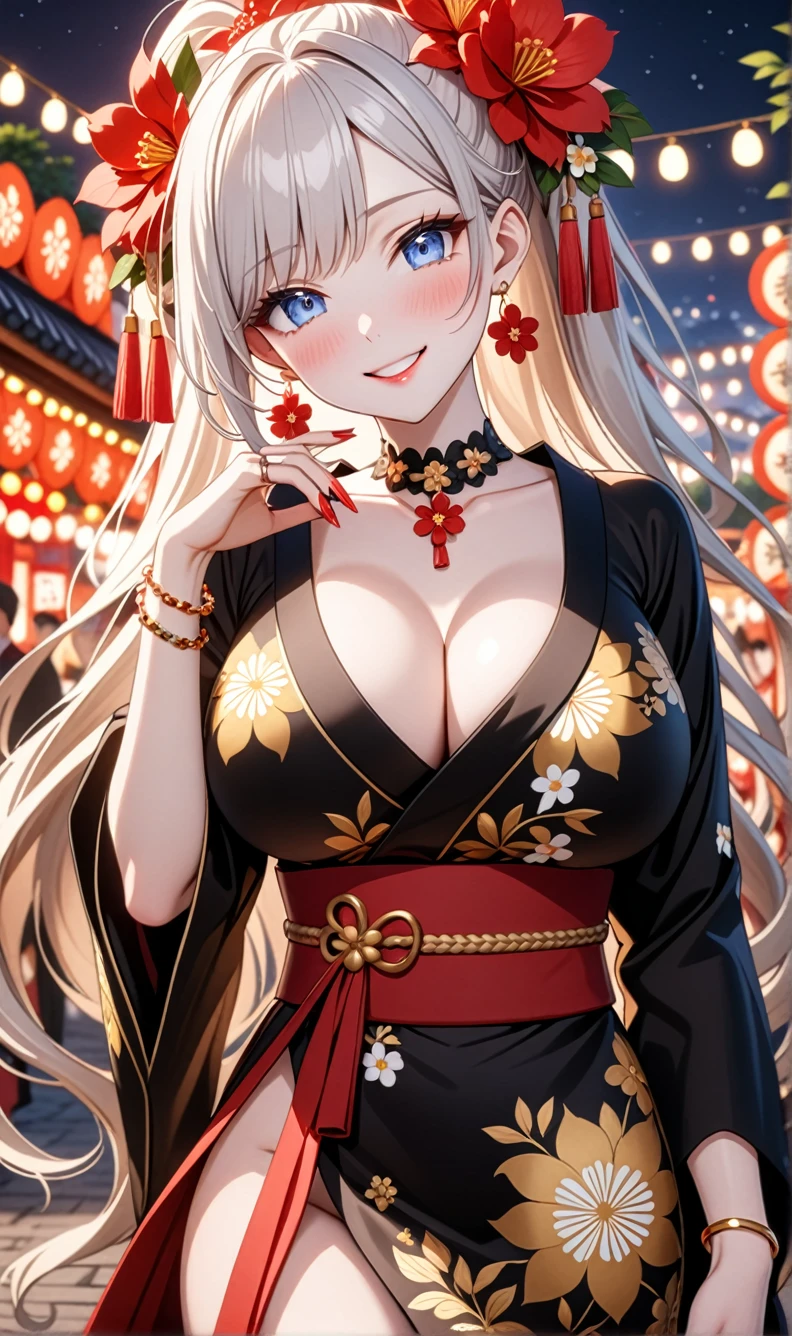 ultra-detailed, ((one girl)), (pale skin:1.5), fair-skinned gyaru, ((Girl in black kimono)), (heavy makeup), hyper detailed, absurdres, 8k, Beautiful Face, (Laugh shyly), ((teasing smile:1.2)), ((happy smile:1.4)), ((Wink:1.4)), (Laugh with your mouth wide open), ((Tilt your face:1.6)), View your viewers, ((full-face blush:1.3)), Glossy Red Lips, ((huge breasts:1.6)), summer, night, Small park, Festival Venue, ((Anime style background)),masterpiece, Highest quality, Latest, Complex details, ((red long nail:1.2)), (ring),(bracelet), (Floral Choker),AI-generated, Complex,High resolution, Highest quality, super high quality,3D Images、3D Images,One person, (Silver White hair),Long Hair, (White high ponytail), (wavy hair:1.3)), Anime woman posing for a photo, ((Eyes with detailed pupils、blue eyes、glowing eyes:1.3)), (Squint your eyes:1.1),a hyperRealistic , hyperRealistic , Realistic,Anime woman with long white hair, Smooth anime CG art, ((A girl in a gorgeous black kimono:1.2)), ((black furisode:1.3)),Gold embroidery, (Large floral pattern in red color), (Long red flower hair ornament),(big floral earrings), Mature Body, tall,Narrow waist, (extreme close-up shot), ((Reach out to your audience)),