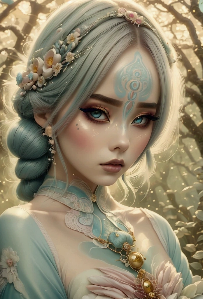 A woman with dreamlike fantasy makeup inspired by Hayao Miyazaki, utilizing soft, natural colors. Her face is adorned with pastels and natural tones, with gentle highlights and subtle, whimsical elements creating an ethereal, dreamlike look