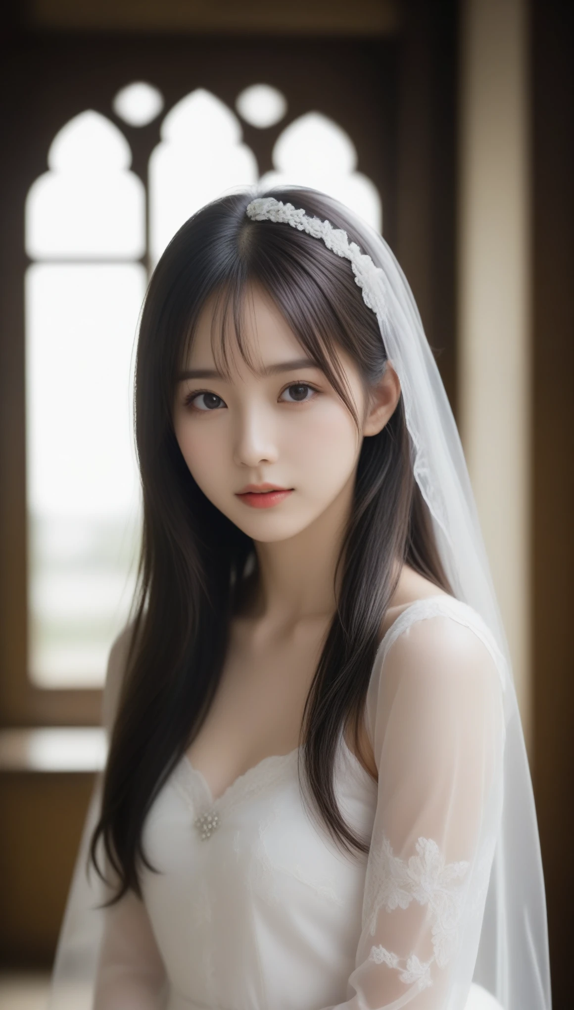 8k, Ultra-high resolution, Highest quality, masterpiece, 三分割法によるphotograph,Surreal, photograph, 1 Girl, (:1.3), pretty girl, Cute Face, Beautiful eyes in every detail, 細かくdetailedに,masterpiece,One Girl:1.2,Japan Female Teachers,full body,light smile,Long black hair,Straight long hair,(印象派の美しい少女のPortraiture),(Impressionist light and colour), (White Wedding Dress:1.3),(Fairy, bride, Shiny Hair, Beautiful dark eyes, So cute and beautiful,16 years old0.8),Sharp contours,Looking down, (Wedding Veil,White lace), ((Gothic cathedral)), (Stained Glass Windows:1), indoor, Light from above, Low contrast, (Side view),, Perfect and beautiful face ,完璧でCute Face, Skin with attention to detail, Perfect limbs、Narrow waist,Looking at the audience,(((Ideal body type))),A cup small breasts :2,Portraiture:2,Perfect Anatomy,鮮明なdetailed,detailed,Surreal,Light and shadow,glowing