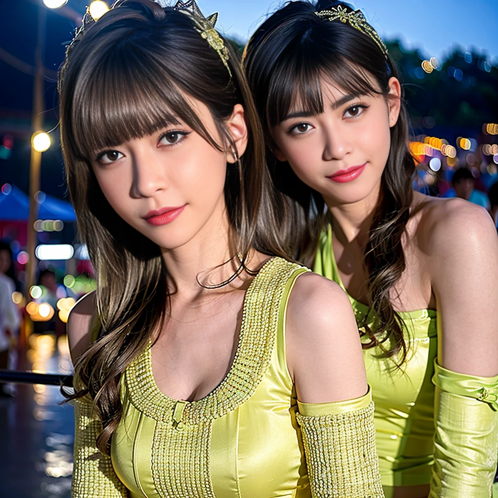 2 beautiful girls in summer outfits, fashion show, taking selfie photos together, blurred city background, big smiles, photorealistic, highly detailed, cinematic lighting, dramatic poses, elegant winter fashion, intricate clothing textures, beautiful facial features, (best quality,8k,highres,masterpiece:1.2),ultra-detailed,(realistic,photorealistic,photo-realistic:1.37),HDR,vivid colors,professional photography