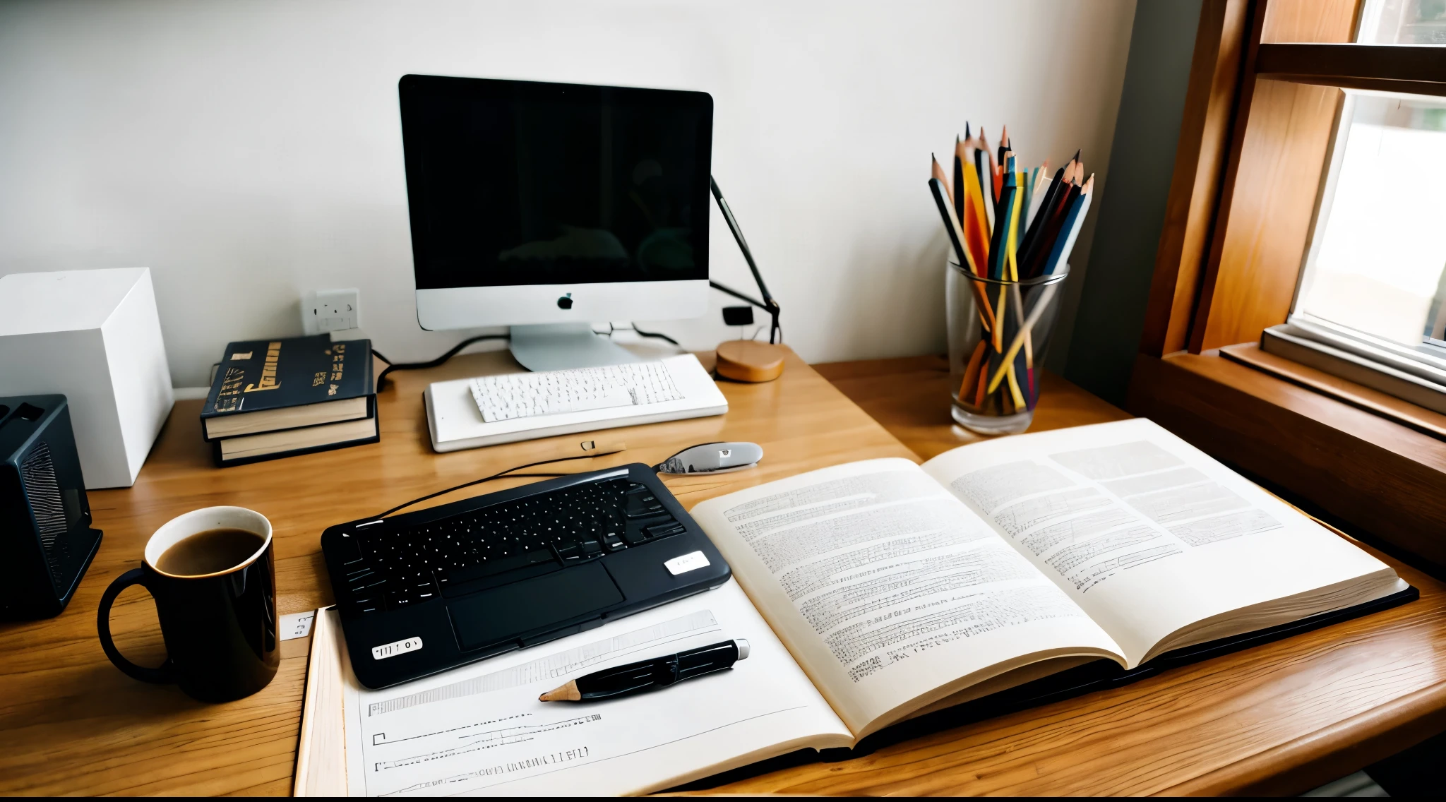 hall, textbooks, desk, computer, table lamp, study, Pencil
