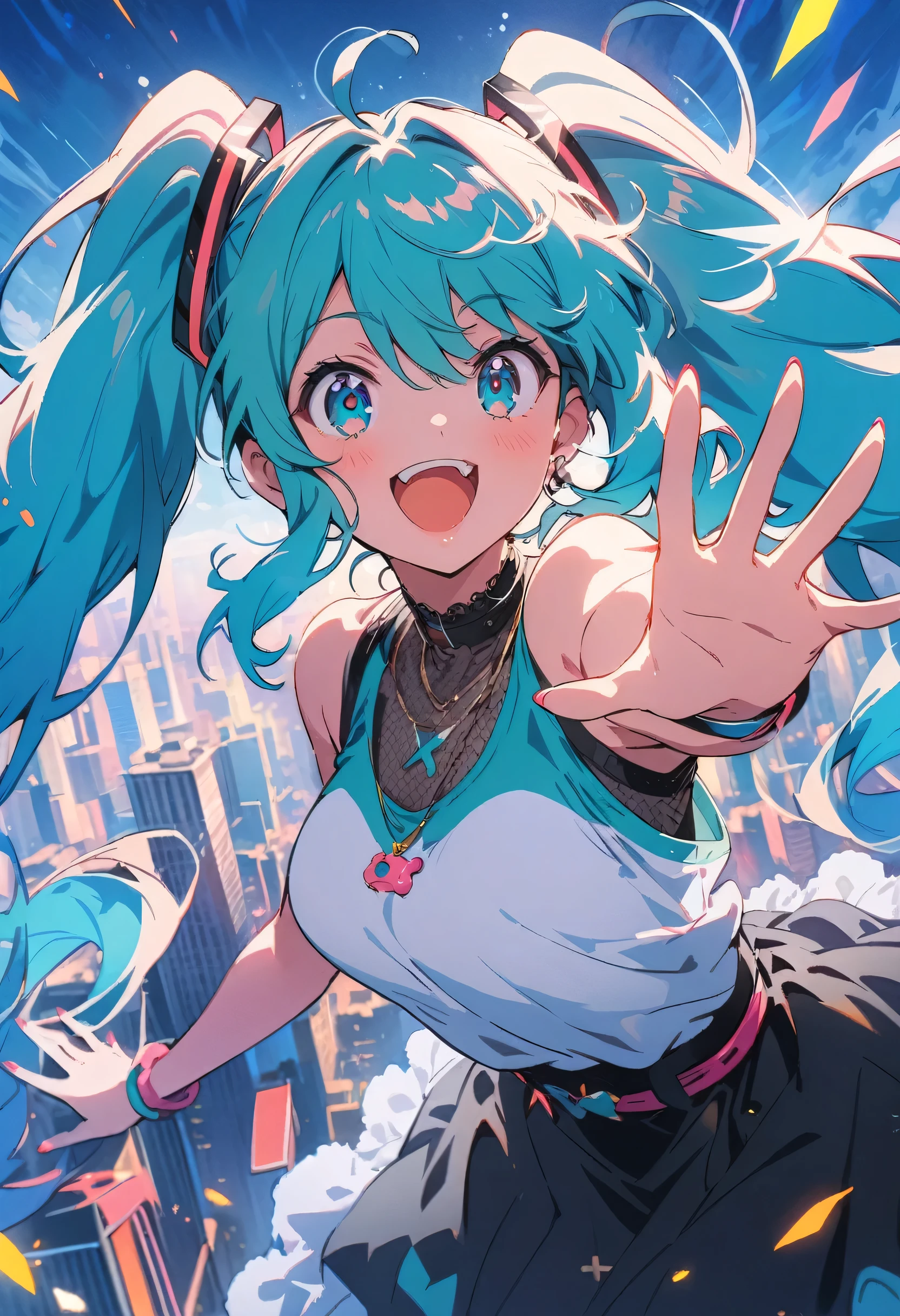 (Highest quality,4K,8k,High resolution,masterpiece:1.2),Very detailed,Vibrant colors,Beautiful details,Beautiful lip detail,Cute girl with long turquoise twin tails,stylized cel shading,Dynamic pose,Neon cityscape background,Singing on the rooftop,Anime-style artwork,Happy and cheerful expression,Lens flare,The city lights in her eyes,hatsune miku