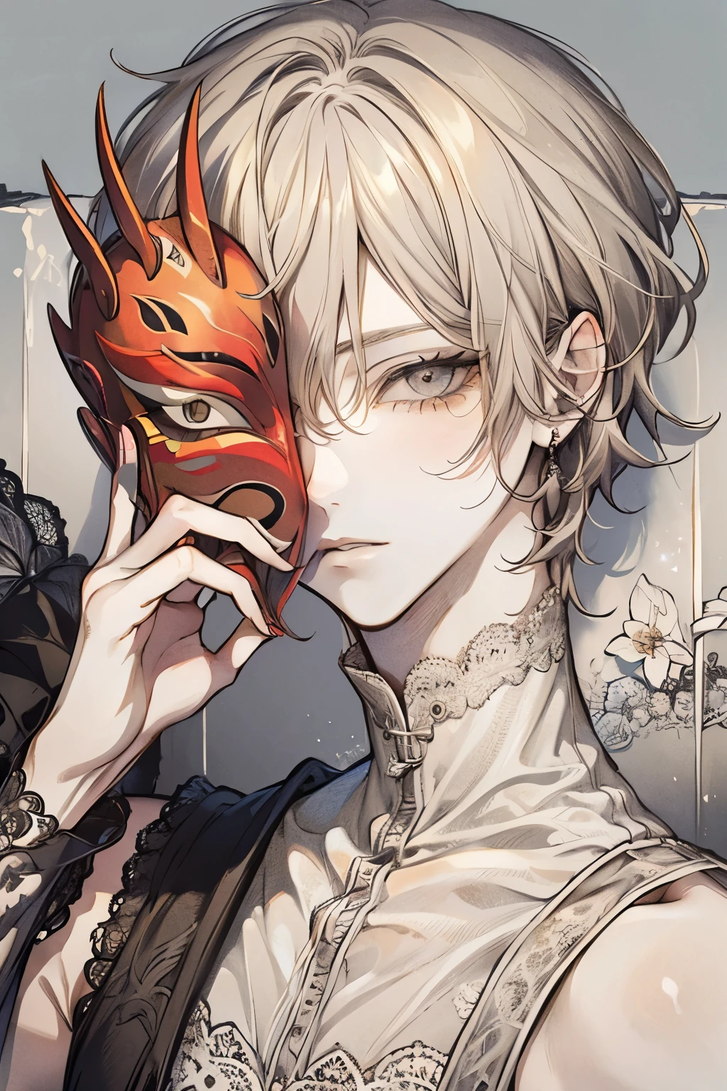 Beautiful young man, yellow-haired, ((Gray eyes)),(short wave hair:1.2), (Black mask:1.2), White tank top,(lace wear),High quality, amount of drawing, pixiv illustration,(hand sign:1.2),((perfect hand:1.1)),close-up Face.