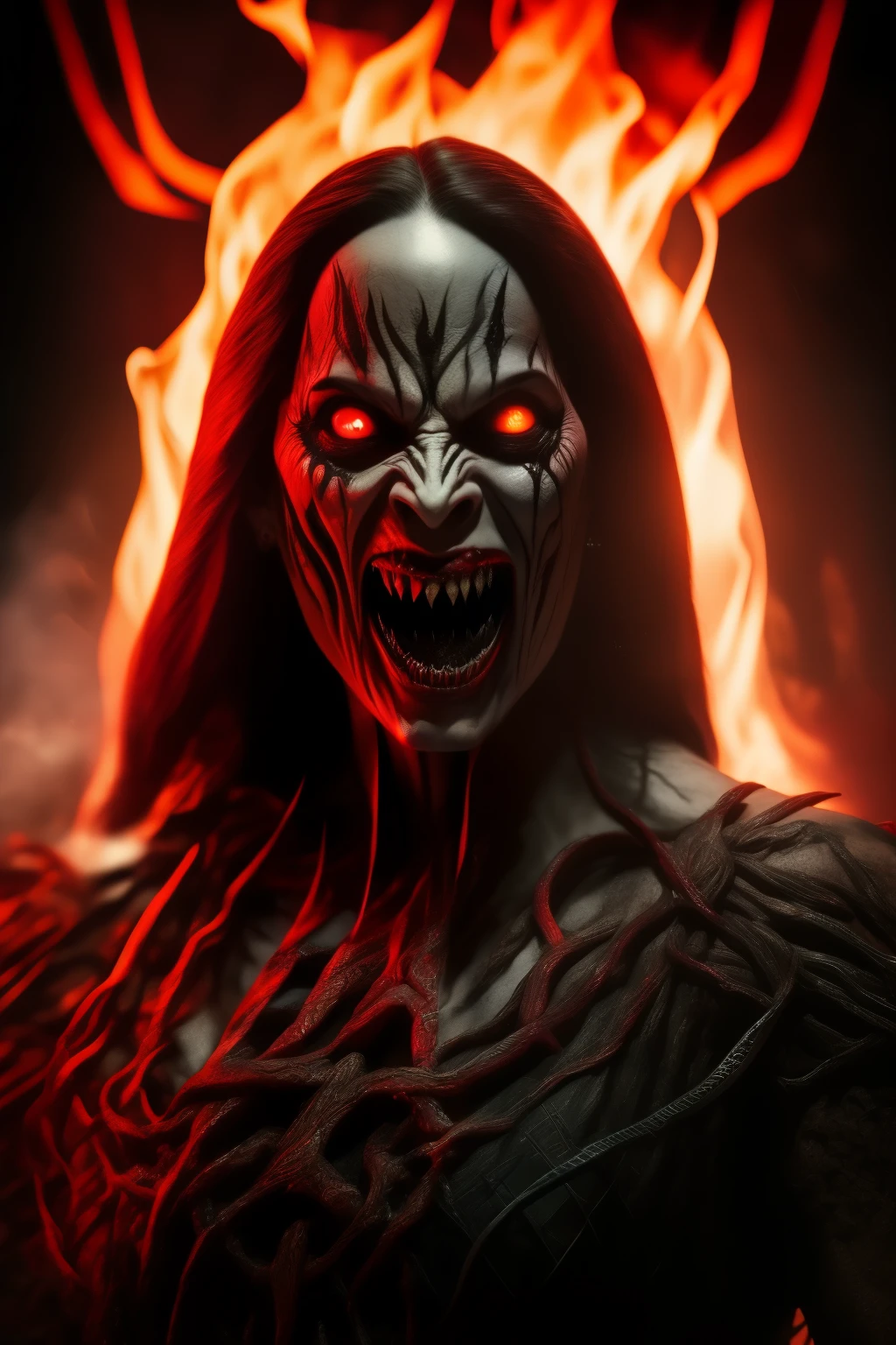 In the heart of a chilling and macabre scene, the Jahanam Woman stands as a terrifying specter. Her countenance is a testament to despair and suffering, her face shattered and contorted in a permanent sneer. The harsh light casts an eerie pallor upon her skin, highlighting the sharp angles and jagged edges of her features. Her tongue, like a serpent's, is forever poised for a venomous strike, emanating a palpable sense of dread and malevolence.

Surrounding her, a chorus of twisted, bloodied puppets dangle from unseen strings, their lifeless eyes fixed upon the living nightmare that