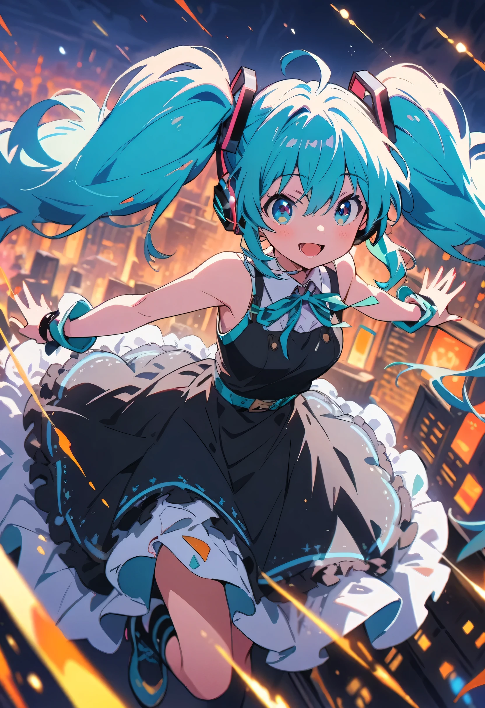 (Highest quality,4K,8k,High resolution,masterpiece:1.2),Very detailed,Vibrant colors,Beautiful details,Beautiful lip detail,Cute girl with long turquoise twin tails,stylized cel shading,Dynamic pose,Neon cityscape background,Singing on the rooftop,Anime-style artwork,Happy and cheerful expression,Lens flare,The city lights in her eyes,hatsune miku