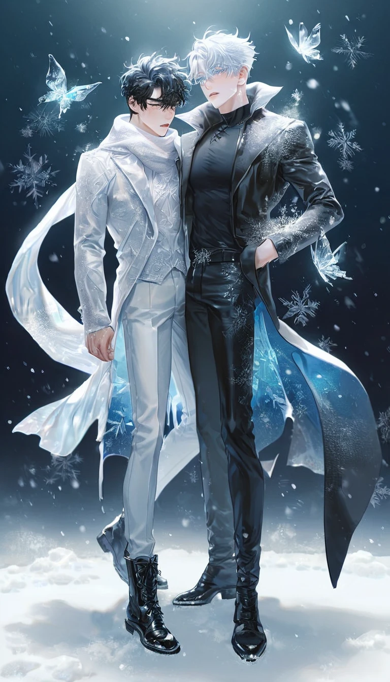 (absurdres, highres, ultra detailed, HDR) master piece, best quality, extremely detailed face, delicated features, Gojou Satoru, white hair, expressive blue eyes, white eyelashes, Omniscient Reader's Viewpoint, Yoo Joonghyuk, black hair, expressive gray eyes, two sexy men together, yaoi, gay couple, white coat, black coat, black tight shirt, scarf, black pants, white pants, black boots, full body, snowing, snow, snowflakes, ice butterflies, night sky, magical, fantasy, winter