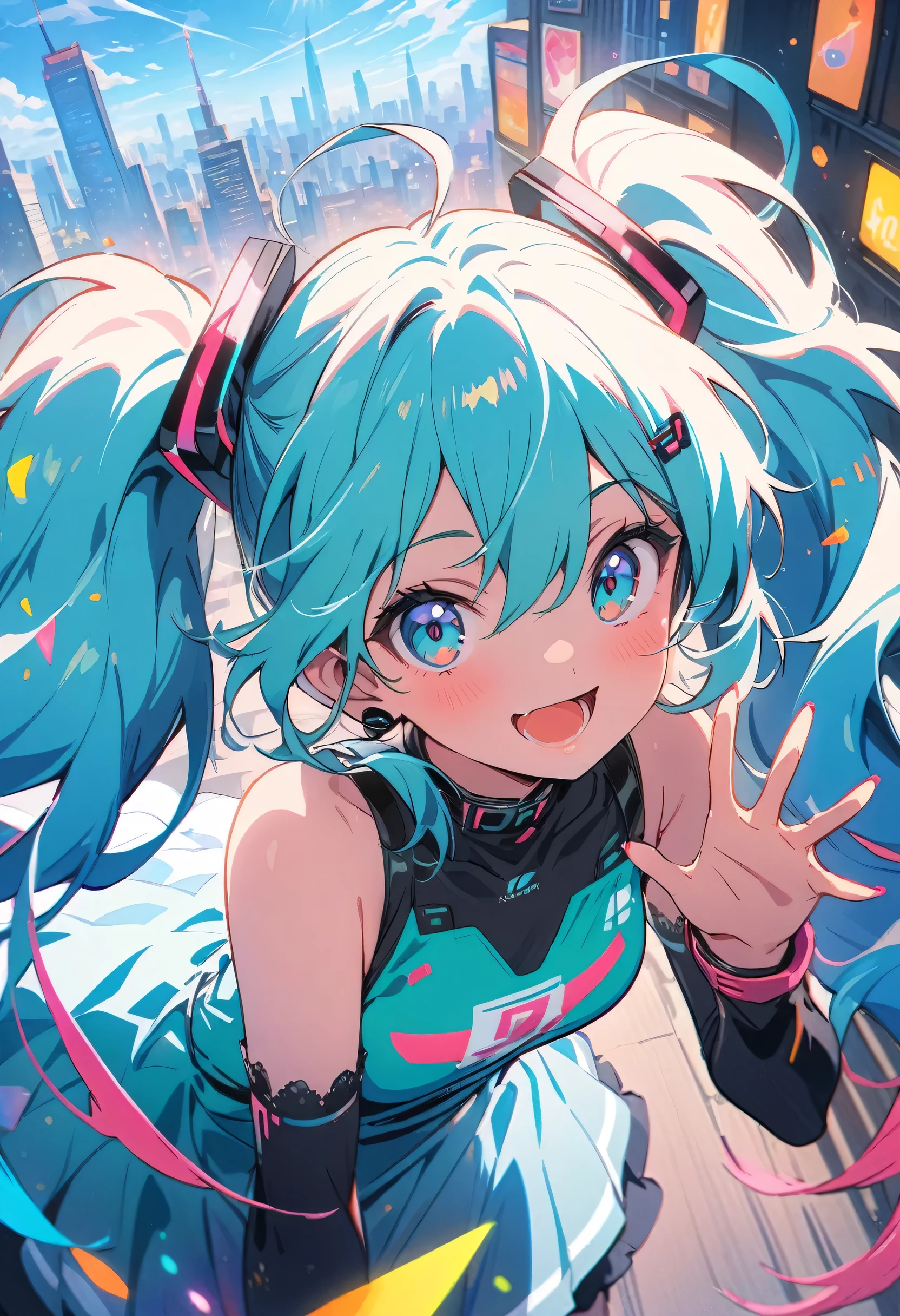 (Highest quality,4K,8k,High resolution,masterpiece:1.2),Very detailed,Vibrant colors,Beautiful details,Beautiful lip detail,Cute girl with long turquoise twin tails,stylized cel shading,Dynamic pose,Neon cityscape background,Singing on the rooftop,Anime-style artwork,Happy and cheerful expression,Lens flare,The city lights in her eyes,hatsune miku