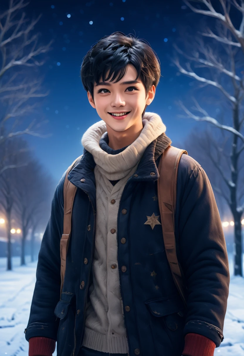 (8k, RAW Photos, Highest quality, masterpiece:1.2), High-definition RAW color photos, Professional photos,(Realistic, photo Realistic:1.2), ((Highest quality)), Male, Cinematic Light, High resolution, (Detailed painted face:1.2), (masterpiece:1.5), night,under the stars,Black short hair,Bring a smile to your audience, winter, Near trees, Thick clothing