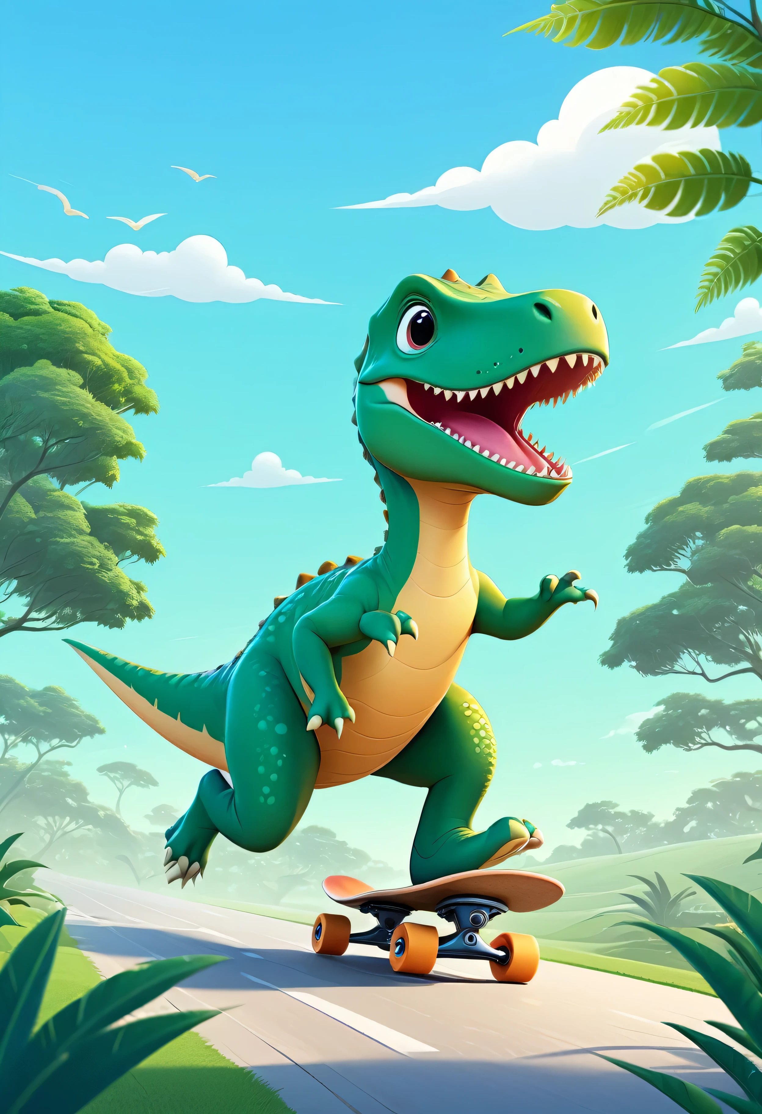 cute dinosaur running skate in the background of a wide field in a tree, uncomplicated images,Simply image,cute, move, action, cartoon, vector illustration, 2d flat, simple, detail, face,
hands, legs, body expert, modern, minimalist, graphic, line art, vector graphics,