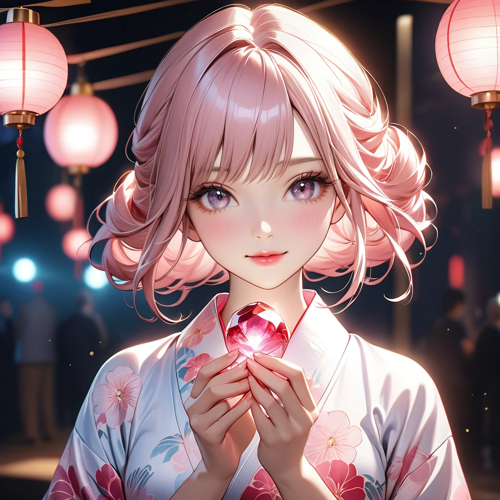 A beautiful and divine woman wearing a clean and refreshing white and pink yukata.々Beautiful Goddess, Light pink hair color,Beautiful attention to detail, Beautiful lip detail, Highly detailed face, Long eyelashes, Friendly and polite expression, Holding a red, round crystal in both hands, The perfect uniform, High quality lighting, Realistic, 8k, Highest quality, masterpiece, Professional, Studio Lighting,The background is a festival