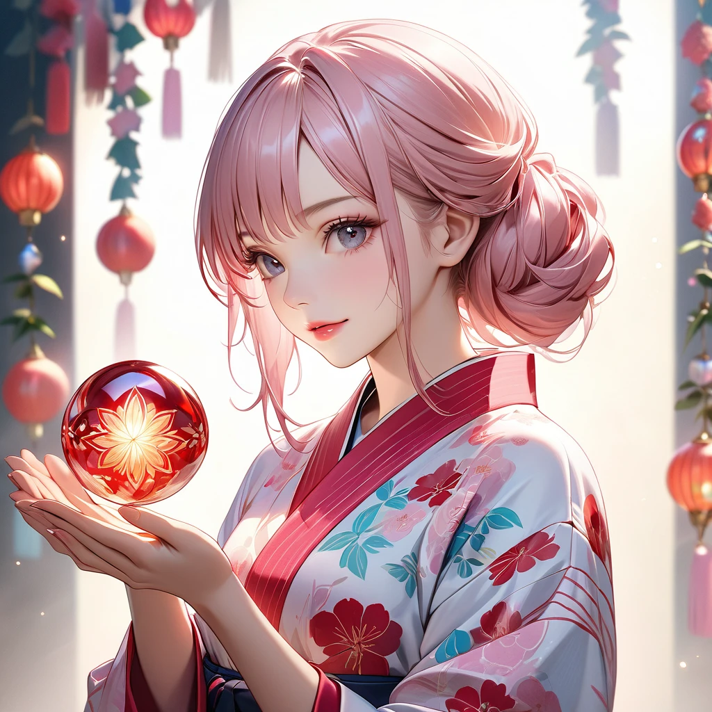 A beautiful and divine woman wearing a clean and refreshing white and pink yukata.々Beautiful Goddess, Light pink hair color,Beautiful attention to detail, Beautiful lip detail, Highly detailed face, Long eyelashes, Friendly and polite expression, Holding a red, round crystal in both hands, The perfect uniform, High quality lighting, Realistic, 8k, Highest quality, masterpiece, Professional, Studio Lighting,The background is a festival