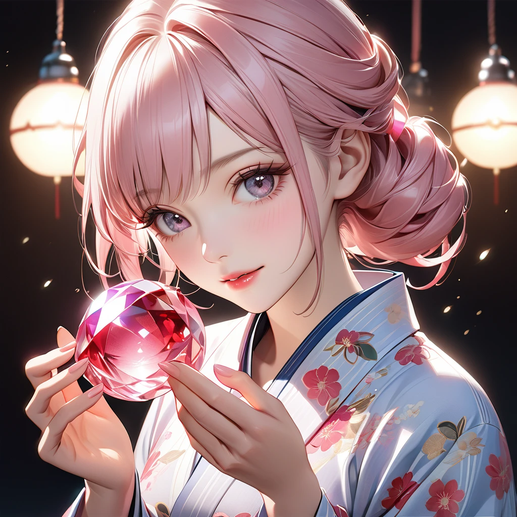 A beautiful and divine woman wearing a clean and refreshing white and pink yukata.々Beautiful Goddess, Light pink hair color,Beautiful attention to detail, Beautiful lip detail, Highly detailed face, Long eyelashes, Friendly and polite expression, Holding a red, round crystal in both hands, The perfect uniform, High quality lighting, Realistic, 8k, Highest quality, masterpiece, Professional, Studio Lighting,The background is a festival