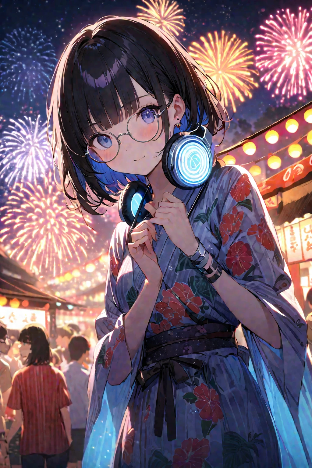 (extremely detailed fine touch:1.3), (((silver semi-rimless round eyewear:1.3))), (wear silver headphones around neck:1.0), black short hair, blunt bangs, glowing 1girl, 2.5d face, cowboy shot, extremely detailed pink yukata, cute earring, extremely detailed summer festival, midnight, starry sky, extremely detailed fireworks,