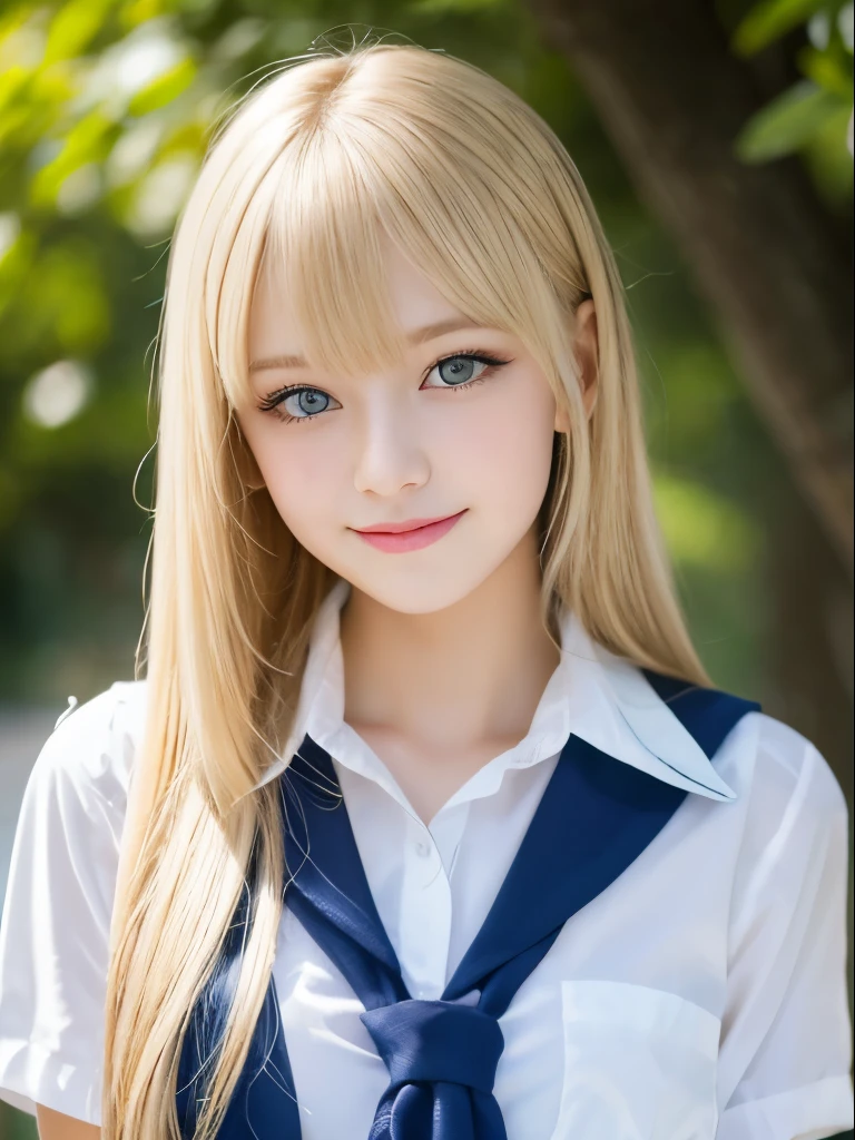 Portrait、School uniforms、Bright expression、Younger, brighter, whiter skin、Best Looks、Blonde reflection、Platinum blonde hair with dazzling highlights、Shiny bright hair,、Super long, silky straight hair、Shiny beautiful bangs、Sparkling, clear, attractive big blue eyes、A very beautiful, lovely and cute 16 year old girl、Ample ???????、