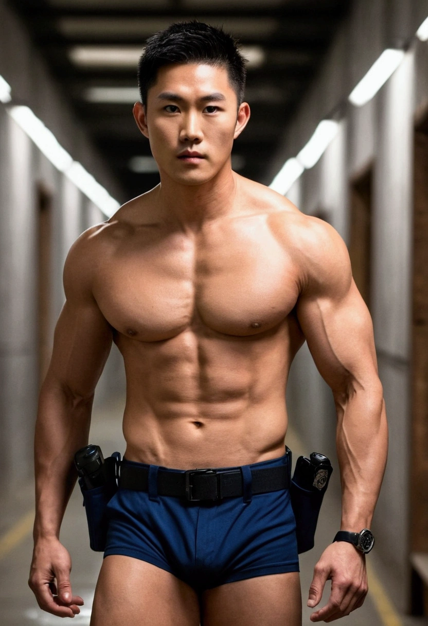 1 handsome Asian guy,27岁policeman,arafed male police 官 in walking down a hallway, , wearing nothing , kinky police , open outfit: police expose the huge penis , , majestic,Who is Shi Yu?, Li Yuanbin, Kim Hyung Tae, Kim Hyung Tae, Yin Shishan, Handsome Asian muscular guy,Broad shoulders and narrow waist,A handsome guy in police uniform,Form-fitting fabric contours the bust,in a remote warehouse,hands tied behind back,Hands tied behind the back,hands tied behind back,Masculine and sexy,High,Muscles look good,hairy body,Wheat complexion,black eyes(thin eyes 1:3),whole body image, full naked, huge penis, manly penis, big ass