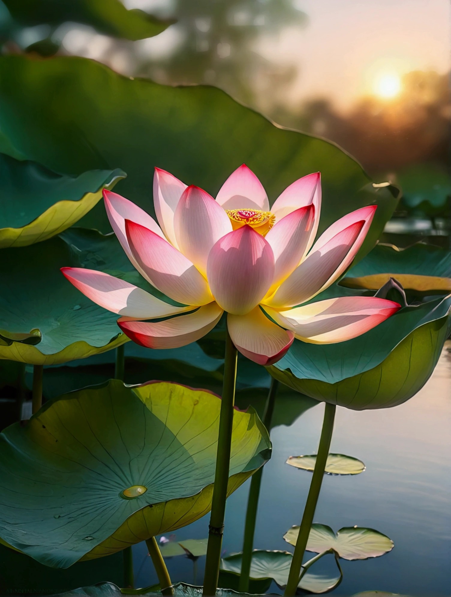 a stunning sunset with vibrant red sky, delicate pink lotus flowers, lush green lotus leaves, blurred background, ray-traced lighting, ethereal, 8k, retina, masterpiece, accurate, extremely detailed, high detail, high quality, award-winning, best quality, high resolution, 16k