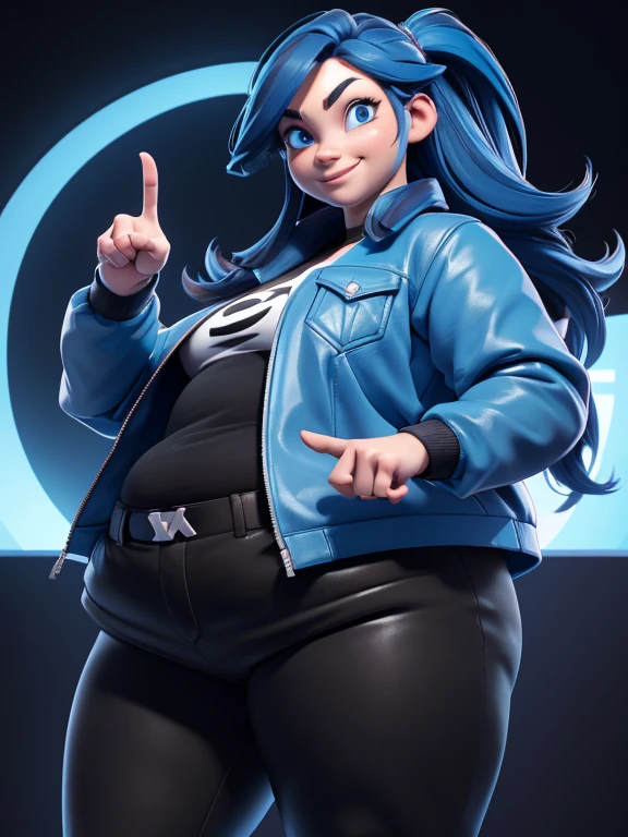 cartoon 3d avatar not realistic a young women charismatic, smiling, extroverted, thin face with long dark hair with blue highlights, blue eyes, blue modern futuristic jacket, black t-shirt underneath with no writing, black modern pants, pointing with her index finger to the left side, digital art, 1 girl, solo, body plus, SSBBW