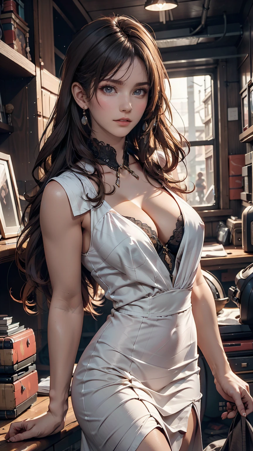 people々Image of a woman in her 50s wearing a white dress standing in front of, 70s Sci-Fi Art, Attractive brown haired woman, Movie stills, Hypermaximalist, Promotional Rendering, By Menez, Cosmic Bjork, steampunk, Velma, Mars Attacks, Around 1970, cp2077、Cleavage Emphasis、Nipple swelling emphasis、Side-swept chignon((good site))