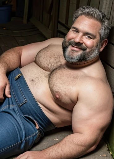 (handsome mature man plump chubby morbid extremely thick thighs bulging belly fat), older man, gray hair, white man, wearing , hairy chest, hairy belly,
mechanic overalls, bare overalls, gloves, , bulge, detailed glade on clothing, (fat and corpulent: 1.3), full beard very long, looking at the viewer, handsome man, detailed eyes, symmetrical face, mischievous smile, robust, mustache, longer hair, his body is lying sideways on the floor, front view.