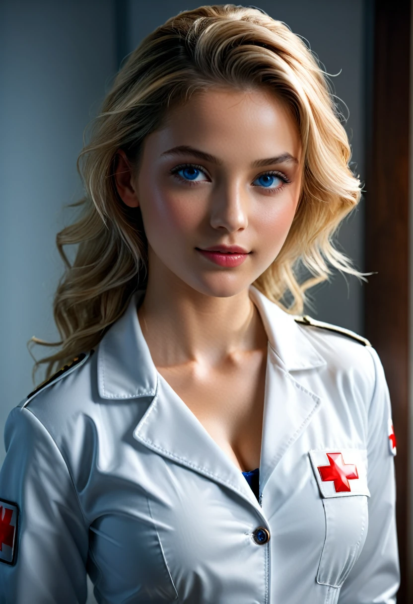 (masterpiece, photorealistic:1.4, extremely intricate:1.6), (photon mapping, radiosity, physically based rendering, ultra resolution, hyper-realistic, photorealistic:1.4, hyper-realistic, 8K, rtx), ((twenty years old [athlete:supermodel:0.5], (teenage girl, (((strong cheekbones)), humid, glisten, closeup portrait, (white polyester nurse jacket, white labcoat, unbuttoned, open)), long straight [bright blonde hair:pink hair:0.8], [medium breasts:large breasts:0.5], [clear eyes:blue eyes:0.3]), blue latex gloves), red cross) Fantasy, BREAK, (((bedroom, bed, dim, shadows, smirking, looking away, dynamic action pose)))
