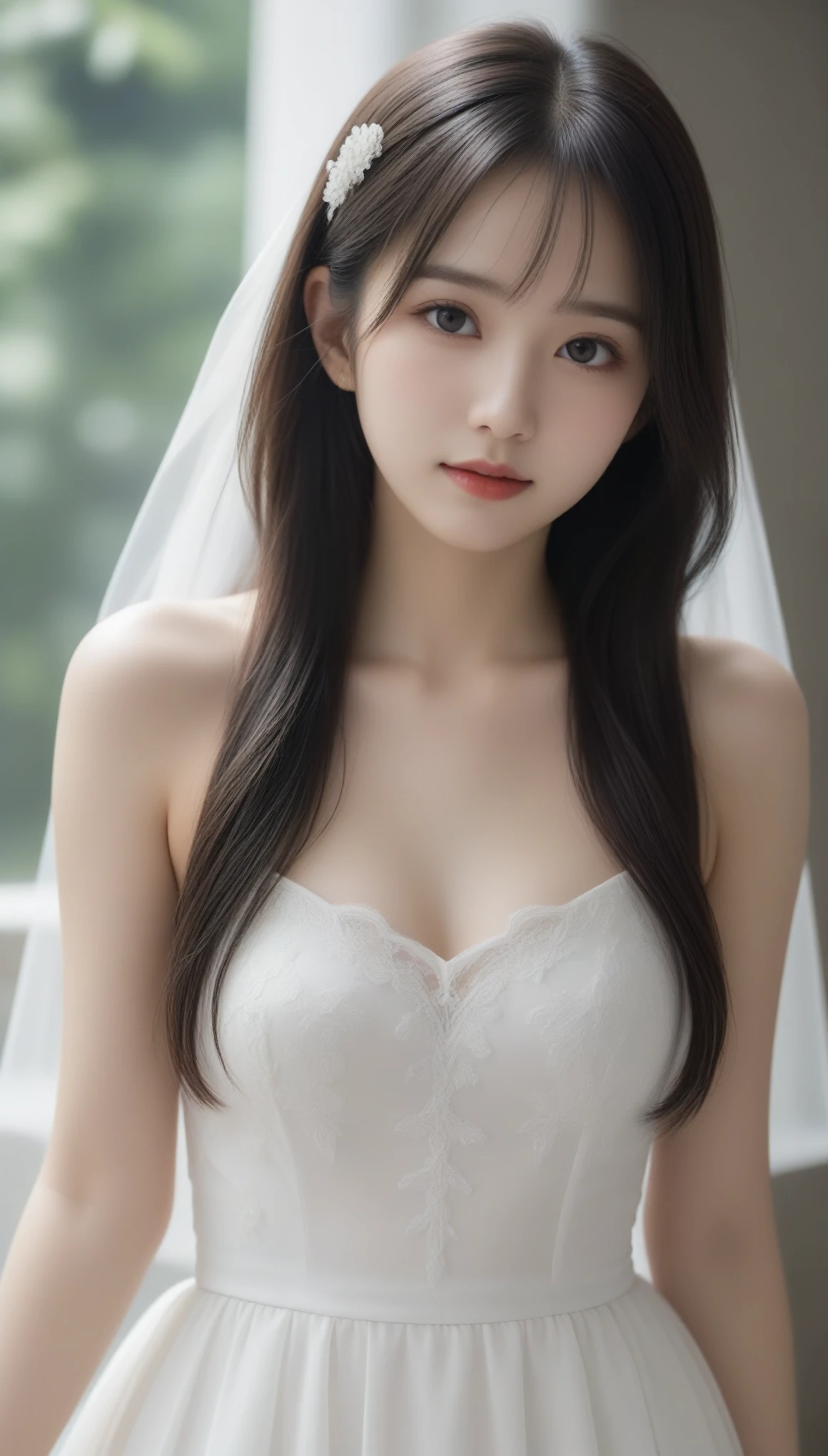 8k, Ultra-high resolution, Highest quality, masterpiece, 三分割法によるphotograph,Surreal, photograph, 1 Girl, (16 years old:1.3), pretty girl, Cute Face, Beautiful eyes in every detail, 細かくdetailedに,masterpiece,One Girl:1.2,Japan Female Teachers,full body,light smile,Long black hair,Straight long hair,(印象派の美しい少女のPortraiture),(Impressionist light and colour), (White Wedding Dress:1.3),(Fairy, bride, Shiny Hair, Beautiful dark eyes, So cute and beautiful,16 years old, ), (smile:0.8),Sharp contours,Looking down, (Wedding Veil,White lace), ((Gothic cathedral)), (Stained Glass Windows:1), indoor, Light from above, Low contrast, (Side view),, Perfect and beautiful face ,完璧でCute Face, Skin with attention to detail, Perfect limbs、Narrow waist,Looking at the audience,(((Ideal body type))),A cup small breasts :2,Portraiture:2,Perfect Anatomy,鮮明なdetailed,detailed,Surreal,Light and shadow,glowing