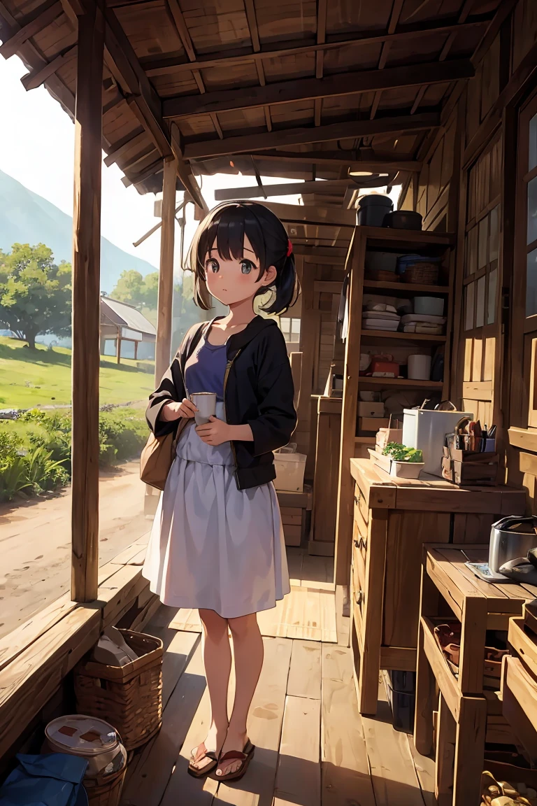 Saw、girl、Work clotheake a wooden cart、Inside the hut