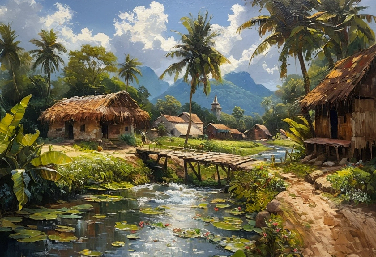painting of a small village with a river and a bridge, detailed 4 k oil painting, detailed painting 4 k, 4 k oil painting, 8 k hd detailed oil painting, highly detailed oil painting, oil painting 4k, oil painting 4 k, highly detailed 4 k painting, very detailed oil painting, tropical landscape, extremely detailed oil painting