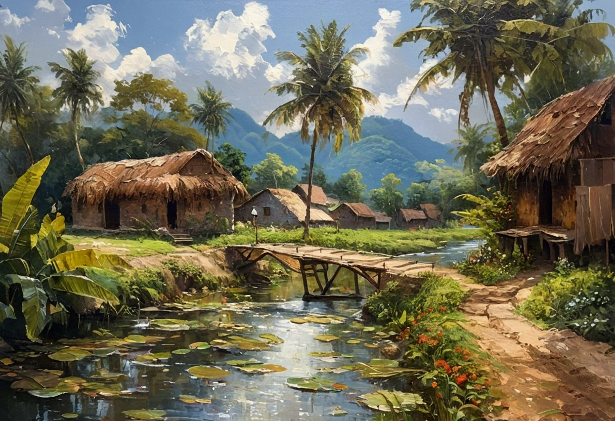 painting of a small village with a river and a bridge, detailed 4 k oil painting, detailed painting 4 k, 4 k oil painting, 8 k hd detailed oil painting, highly detailed oil painting, oil painting 4k, oil painting 4 k, highly detailed 4 k painting, very detailed oil painting, tropical landscape, extremely detailed oil painting