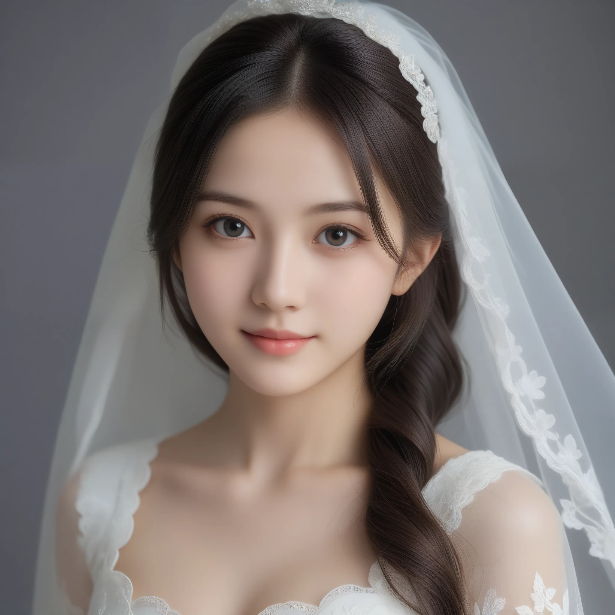 8k, Ultra-high resolution, Highest quality, masterpiece, 三分割法によるphotograph,Surreal, photograph, 1 Girl, (:1.3), pretty girl, Cute Face, Beautiful eyes in every detail, 細かくdetailedに,masterpiece,One Girl:1.2,Japan Female Teachers,extream close up,sad,light smile,Long black hair,Straight long hair,(印象派の美しい少女のPortraiture),(Impressionist light and colour), (Gray background:1.3),(White Wedding Dress:1.3),(Fairy, bride, Shiny Hair, Beautiful dark eyes, So cute and beautiful,16 years old0.8),Sharp contours,Looking down, (Wedding Veil,White lace), Light from above, (Side view),, Perfect and beautiful face ,完璧でCute Face, Skin with attention to detail, Perfect limbs、Narrow waist,Looking at the audience,(((Ideal body type))),A cup small breasts :2,Portraiture:2,Perfect Anatomy,鮮明なdetailed,detailed,Surreal,Light and shadow,glowing