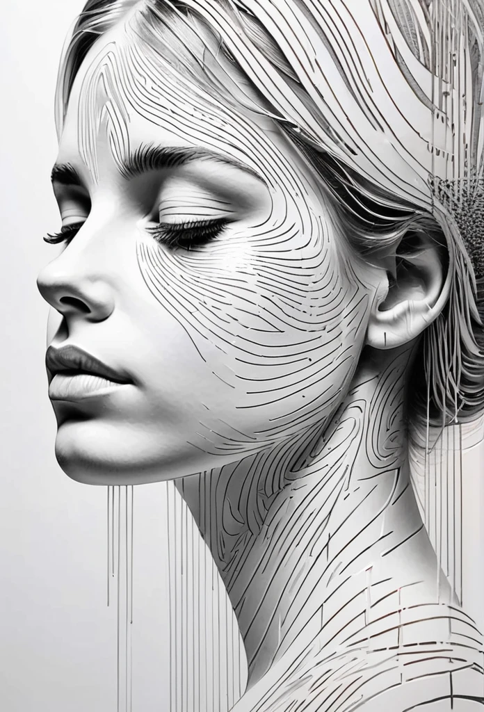 (a fingerprint that form a womans face,close eyes,each line is on different 3d depth heaight, hyperrealistic ,white paint, white wall, emotion, ), intricate details, (masterpiece)
