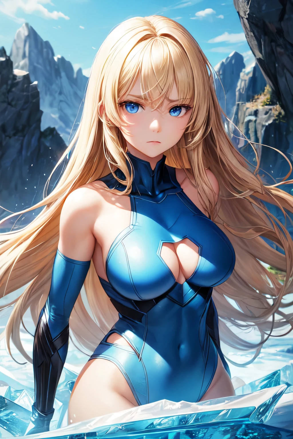 beautiful woman, long blonde hair, tied up, blue eyes, superhero outfit, blue details, ice powers, big bust, calm expression, high quality