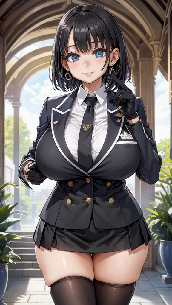 Face Focus , ((Highest quality)), ((Tabletop)), Perfect Face, （((Black knee-highs))) ,   Official Art,Black knee-highsソックス,Beautiful Face,smile,Standing posture,black tights,(((Thick thighs))),(((One Woman))),short hair,Black Hair,Plump,Inside the room,uniform,((((Black gloves)))),tie,Earrings,(((Huge breasts))),Standing posture,valley,mini skirt,blue sky,Outdoor,garden,