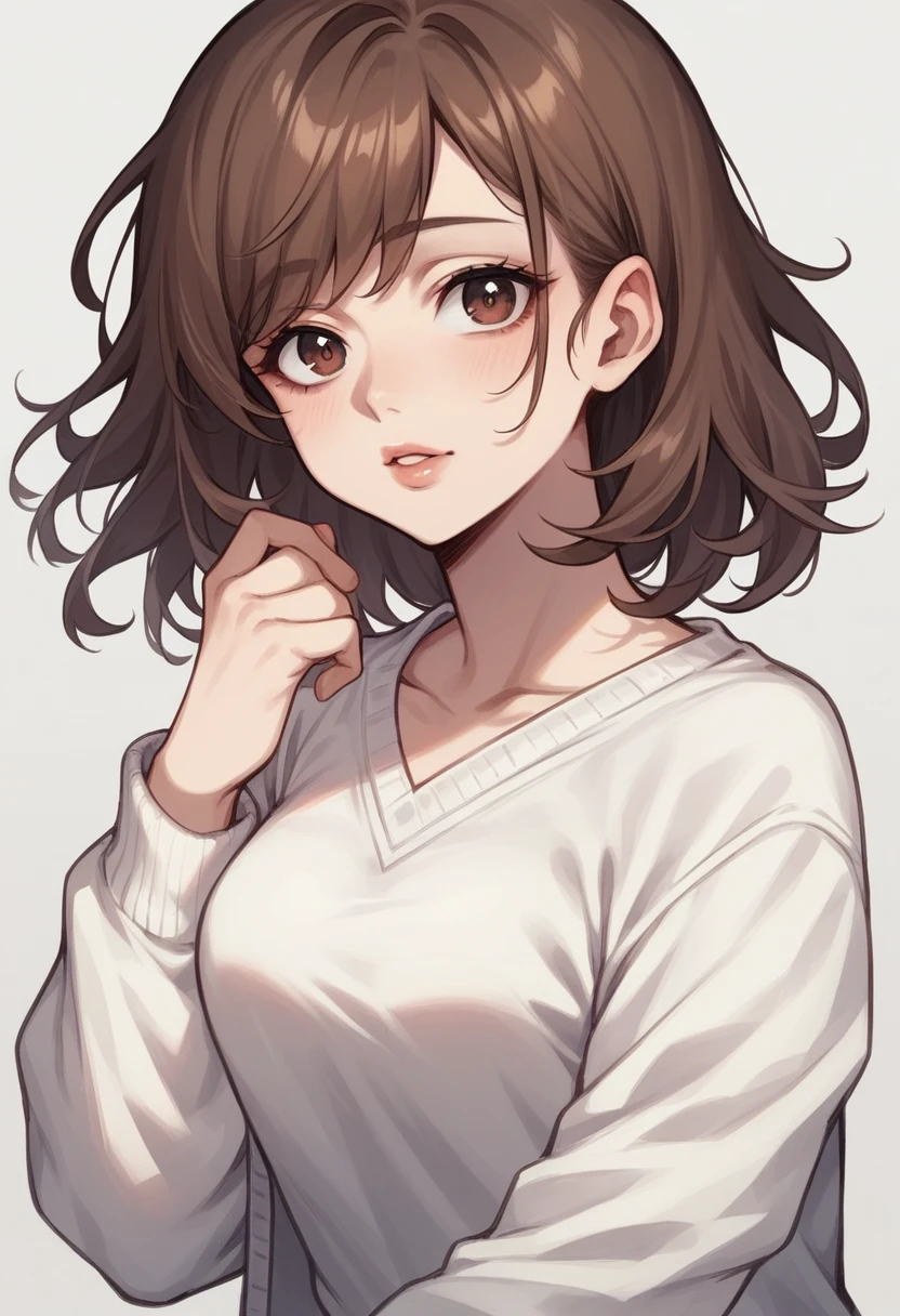 A young woman with wavy reddish brown hair. She has a soft look and her lips are full and beautiful. Your eyes are looking directly at the camera, creating an intimate connection with the viewer. She's wearing a white cardigan top. Their body is large and their skin is very light.