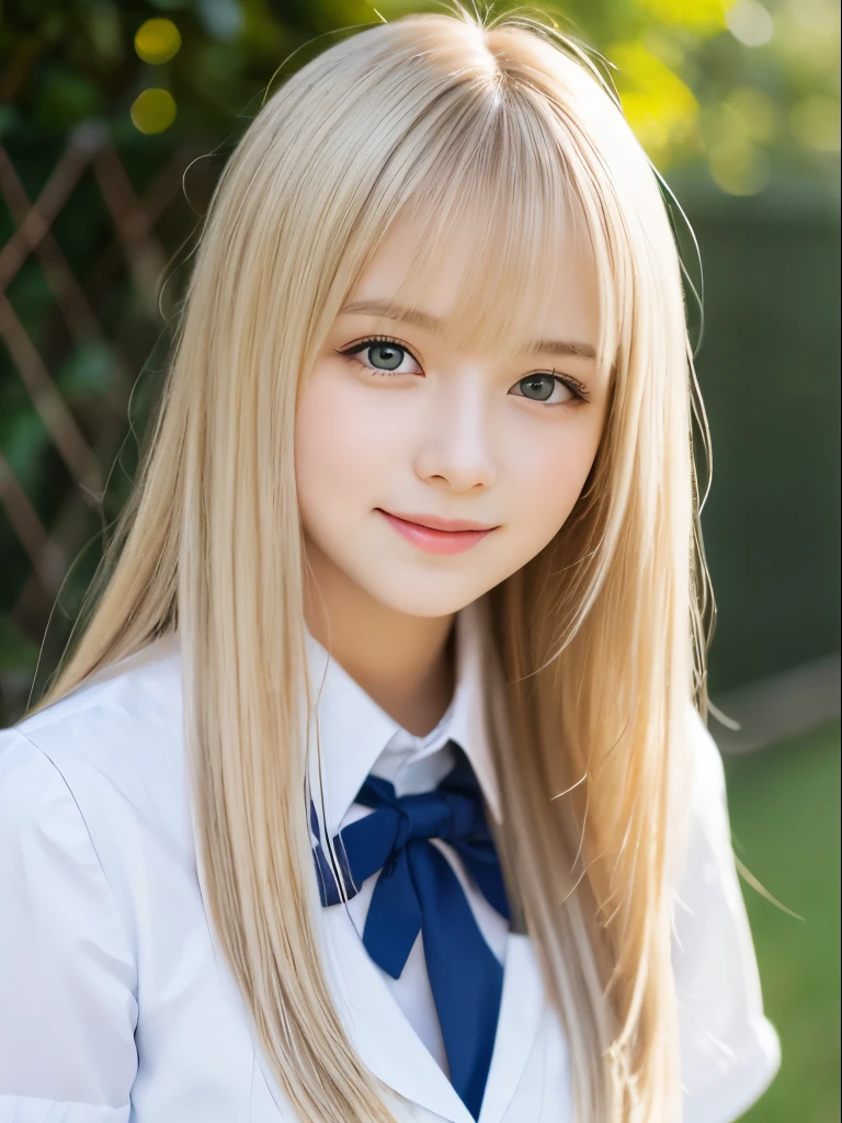 Portrait、School uniforms、Bright expression、Younger, brighter, whiter skin、Best Looks、Blonde reflection、Platinum blonde hair with dazzling highlights、Shiny bright hair,、Super long, silky straight hair、Shiny beautiful bangs、Sparkling, clear, attractive big blue eyes、A very beautiful, lovely and cute 16 year old girl、Ample breasts、