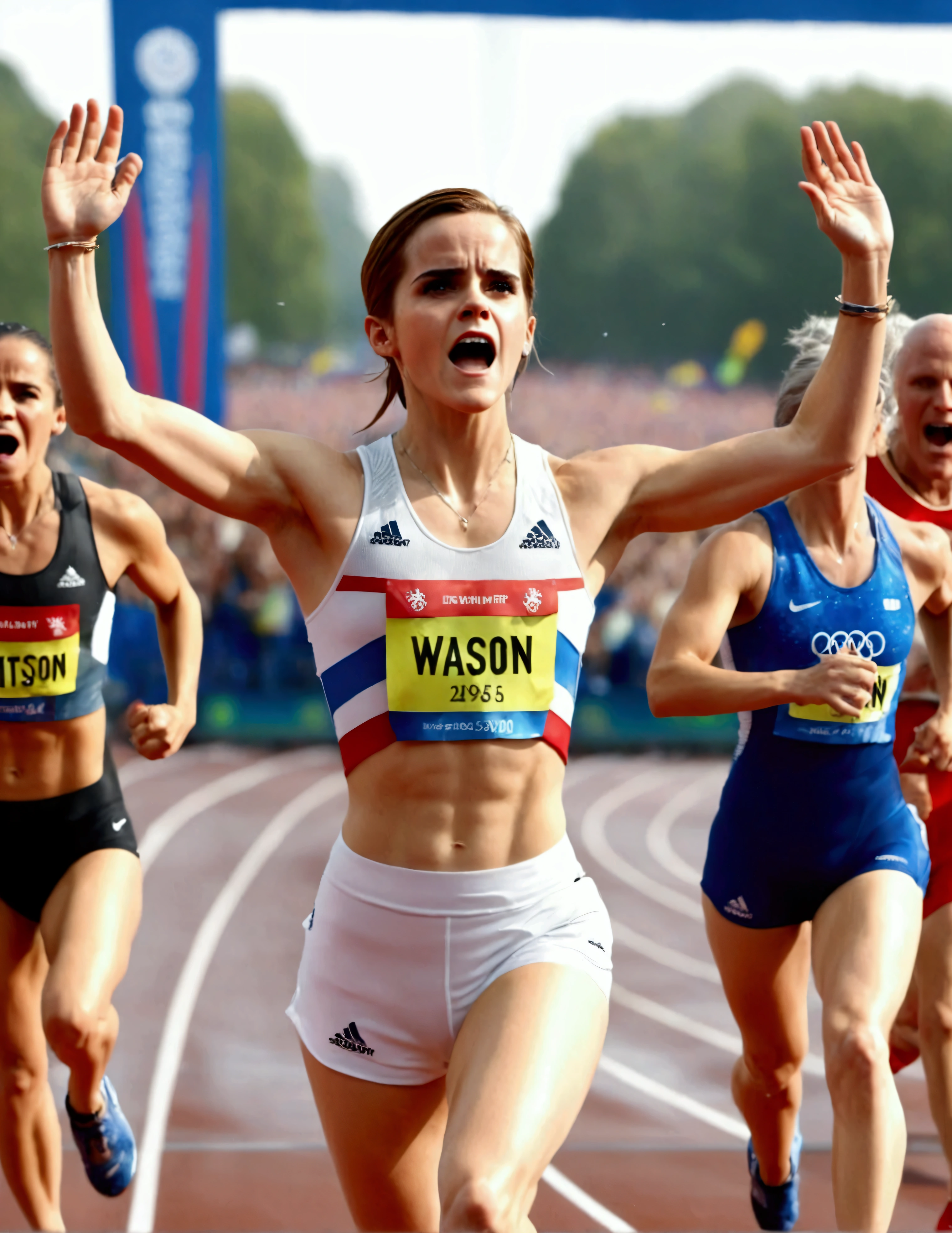 Olympic Sprinter (Emma Watson, age 25) sweaty and exhausted, arms raised as she crosses the finish line, award winning moment